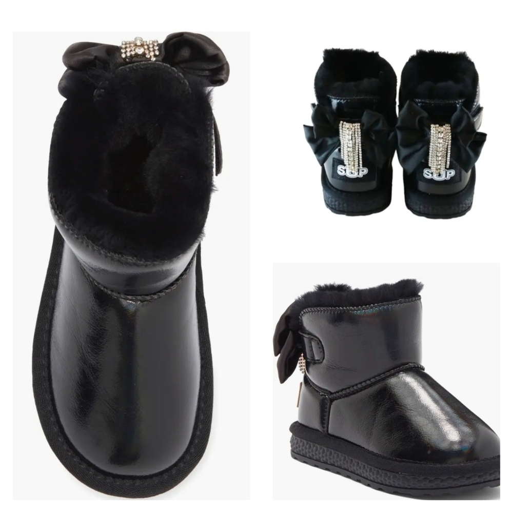 Metallic Black Faux Fur Rhinestone Tassel Bow Boots